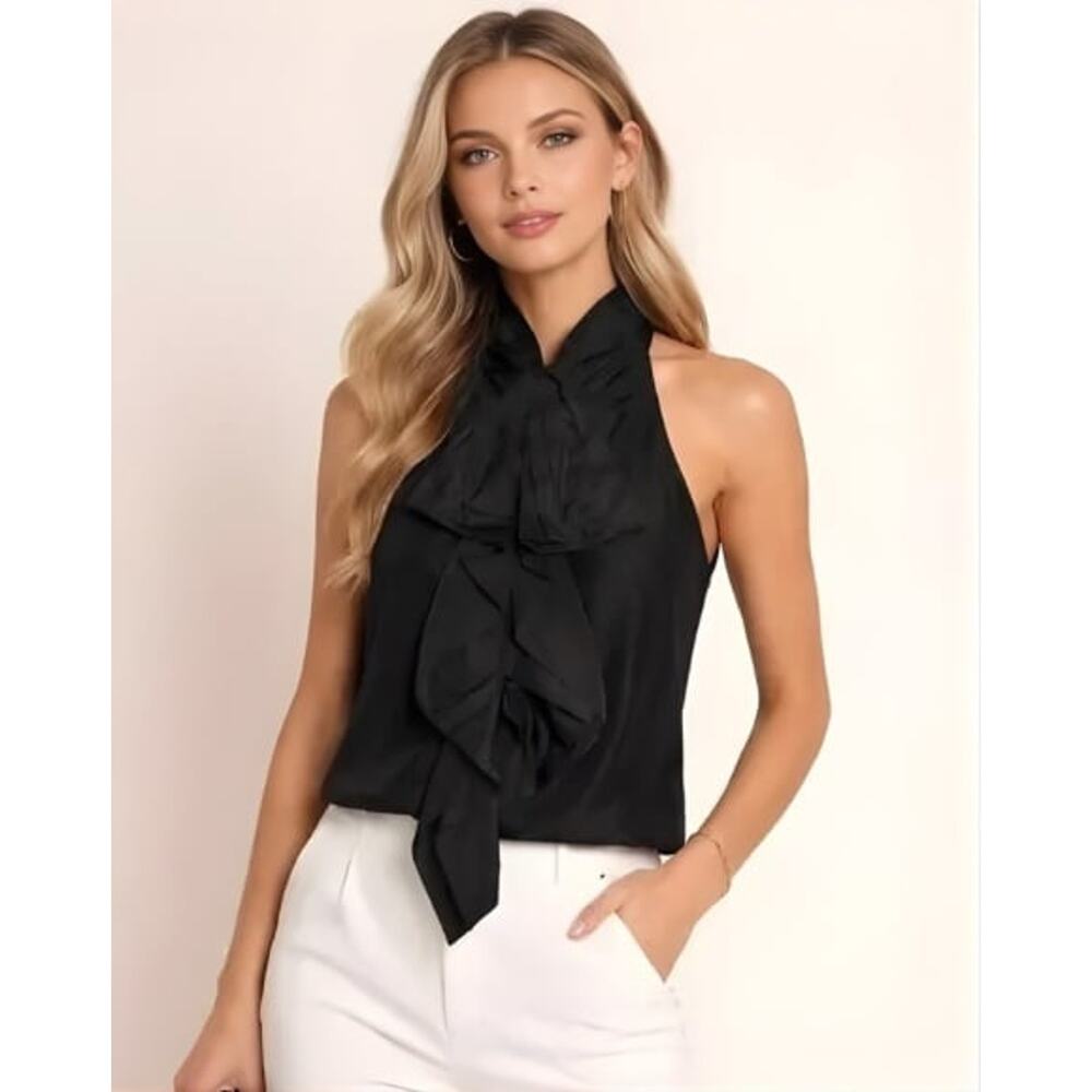 5/48 Black High Neck Ruffle Tank Blouse